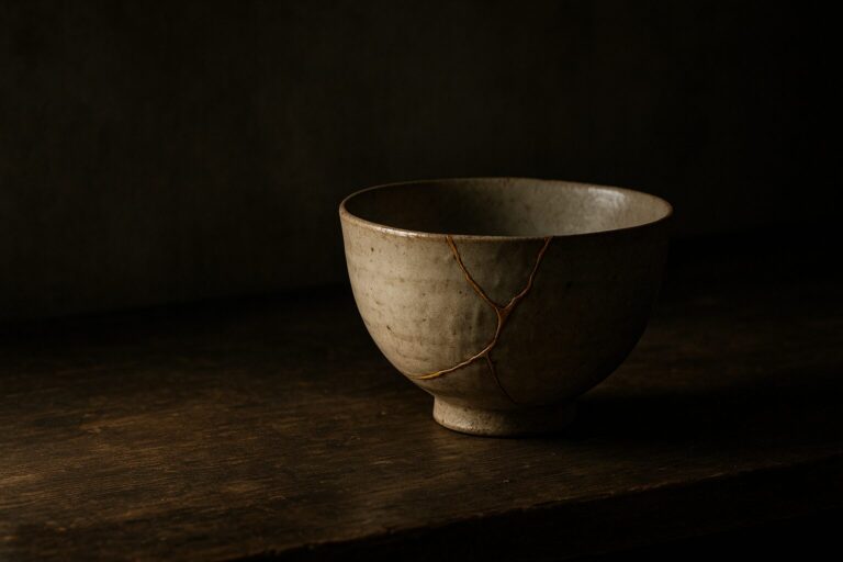 静かな光の中で、美しく修復された「金継ぎ」の器。その、傷跡さえも、誇らしげに輝いている姿