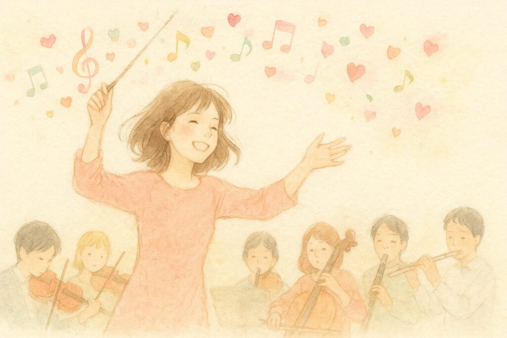 栄養カウンセラー ちあきが、子どもたちの演奏をにこやかに指揮している水彩のイラスト