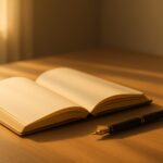 柔らかな朝の光が差し込む木製デスクに、白紙のページを開いたジャーナルと黒の万年筆が並ぶ、静かで思索的な雰囲気の静物写真です。