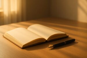 柔らかな朝の光が差し込む木製デスクに、白紙のページを開いたジャーナルと黒の万年筆が並ぶ、静かで思索的な雰囲気の静物写真です。