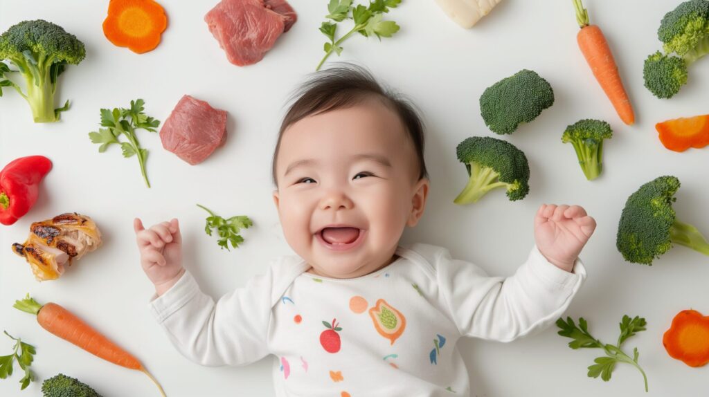 野菜とお肉に囲まれた乳児