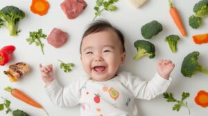 野菜とお肉に囲まれた乳児