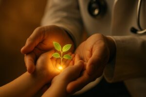 医師と子どもの手が、４つの要素を象徴する「若葉」を大切に育んでいる構図