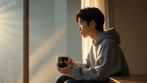 _一人の思慮深い日本人の中学生男子（15歳）、パーカーを着ている。