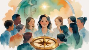 多様なメンバーからなるチームを描いてください。チームの中心には、穏やかな笑顔の女性リーダーがいます。全員で、美しく大きな真鍮製の羅