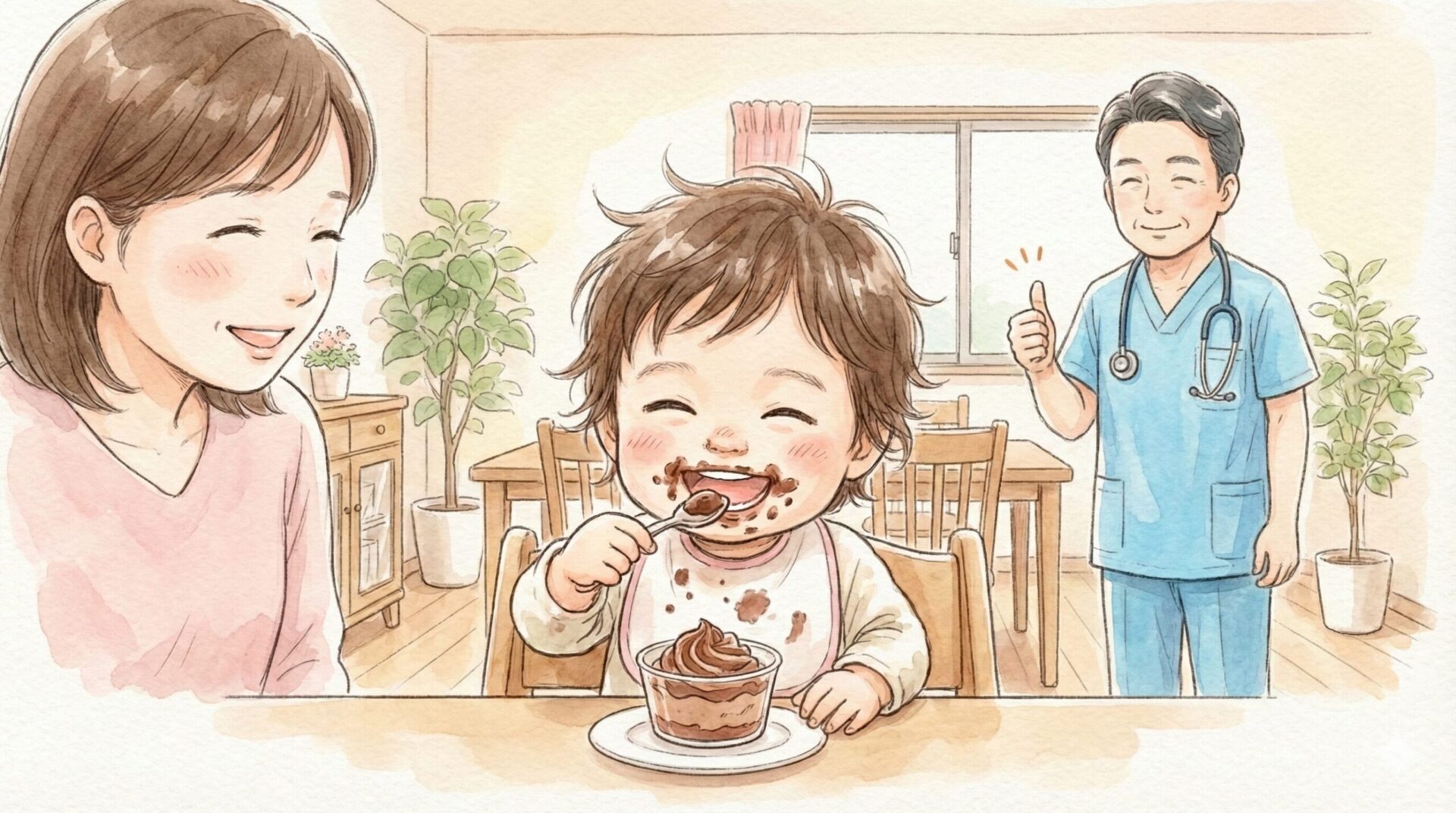 鉄のサプリメントを食べ物に混ぜて頑張って食べる2歳児の子供と母親を見守る小児科医師