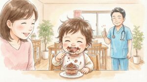 鉄のサプリメントを食べ物に混ぜて頑張って食べる2歳児の子供と母親を見守る小児科医師