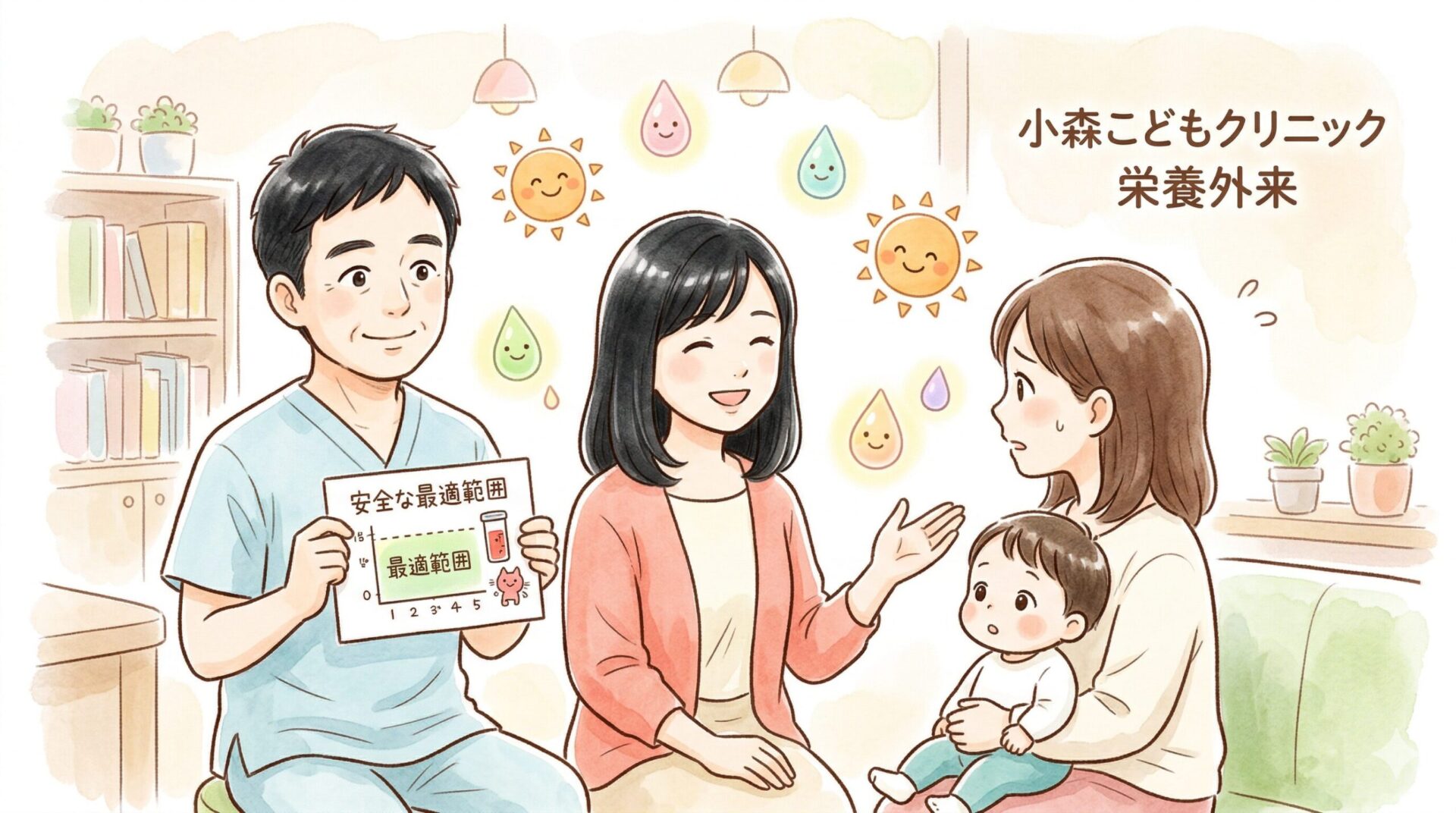 アミンディーナの安全性を小森医師と栄養カウンセラー千明が患者さんに説明しています。