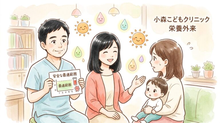 アミンディーナの安全性を小森医師と栄養カウンセラー千明が患者さんに説明しています。