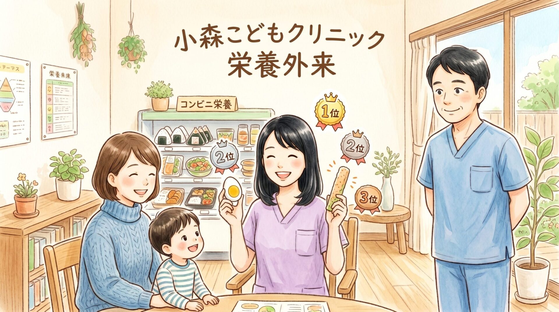 小森こどもクリニックの栄養カウンセラー千明が、お母さんと子どもにコンビニでの賢い補食（ゆで卵やサラダチキン）の選び方を優しく教えている水彩画風のイラスト。後ろで小森医師が笑顔で見守っている。