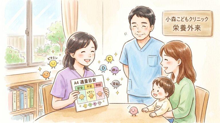 小森こどもクリニックの栄養カウンセラー千明が、サプリメントの安全性について安心した表情のお母さんに優しく説明している水彩画風のイラスト。後ろで小森医師が信頼感のある笑顔で見守っている。