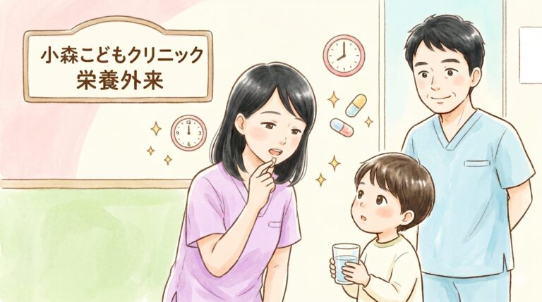 小森こどもクリニックの栄養カウンセラー千明が、カプセルを飲む練習（水飲み鳥のポーズ）を子どもに明るく教えている水彩画風のイラスト。後ろで小森医師が励ますように見守っている。