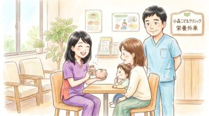 小森こどもクリニックの栄養カウンセラー千明とお母さんが、サプリメントとの上手な付き合い方について笑顔で話している水彩画風のイラスト。後ろで小森院長が優しく見守っています。
