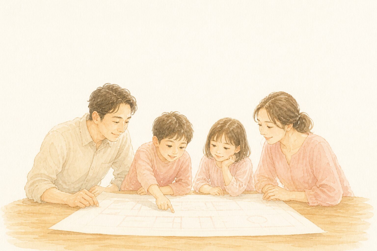 家族四人がテーブルを囲み、一枚の『わが家の設計図』をいっしょに広げてのぞき込んでいる水彩イラスト