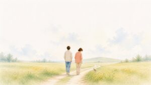 朝の野の小道を並んで歩く二人の後ろ姿の水彩画。片方だけが、道ばたの小鳥に目を向けている。