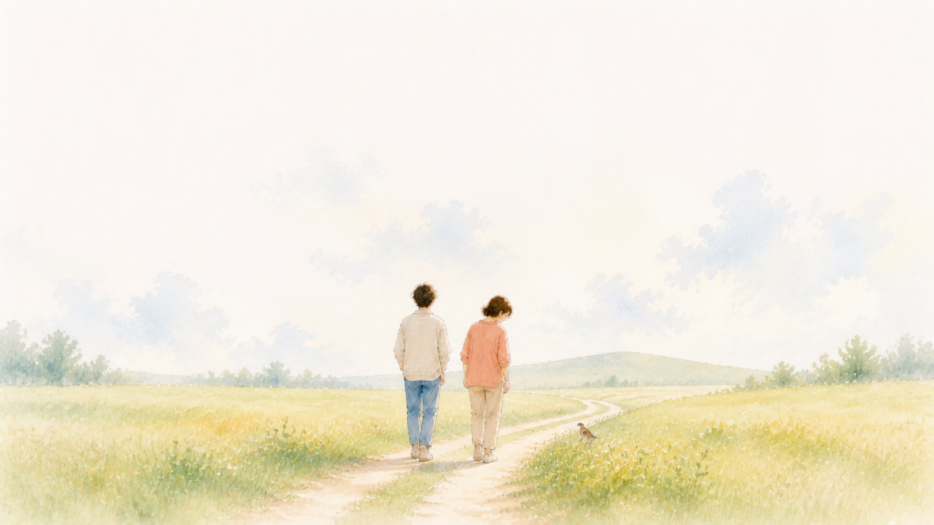 朝の野の小道を並んで歩く二人の後ろ姿の水彩画。片方だけが、道ばたの小鳥に目を向けている。