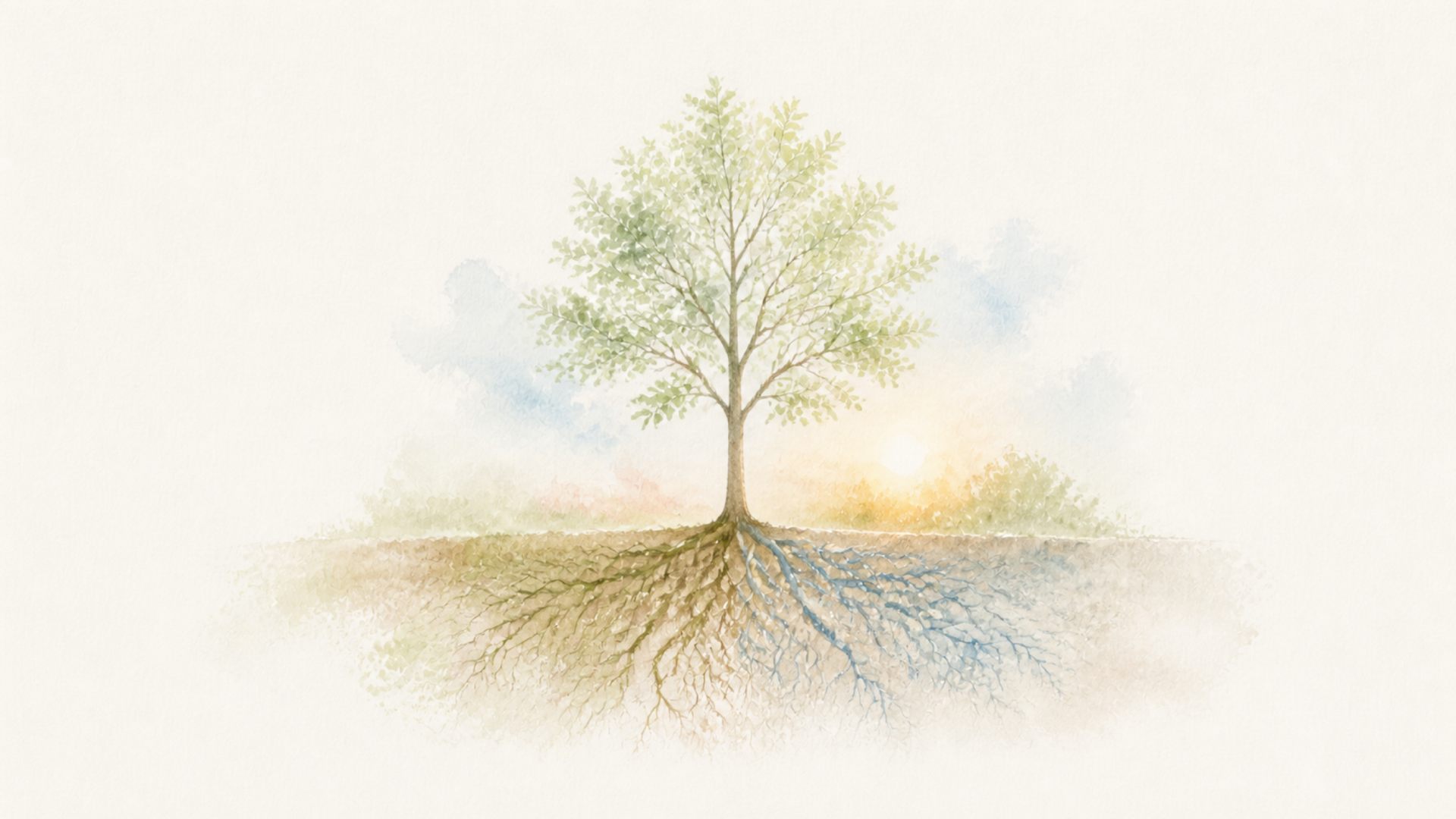 二系統の根が地中で広がり、一本の樹を支えている水彩画。朝日と淡い空を背景に。