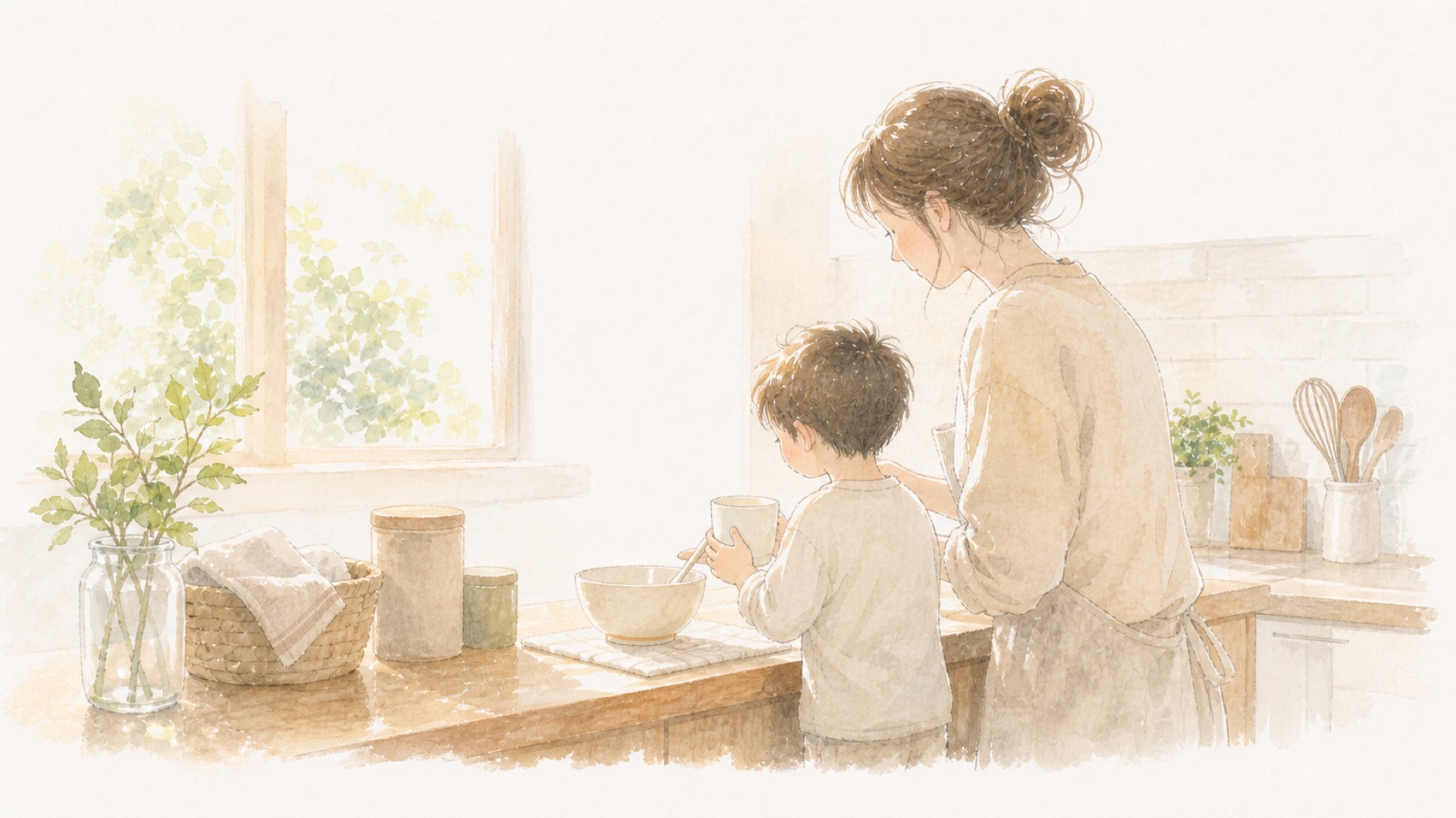 明るい台所で、親子が器とカップを手に飲み方を一緒に試している水彩画