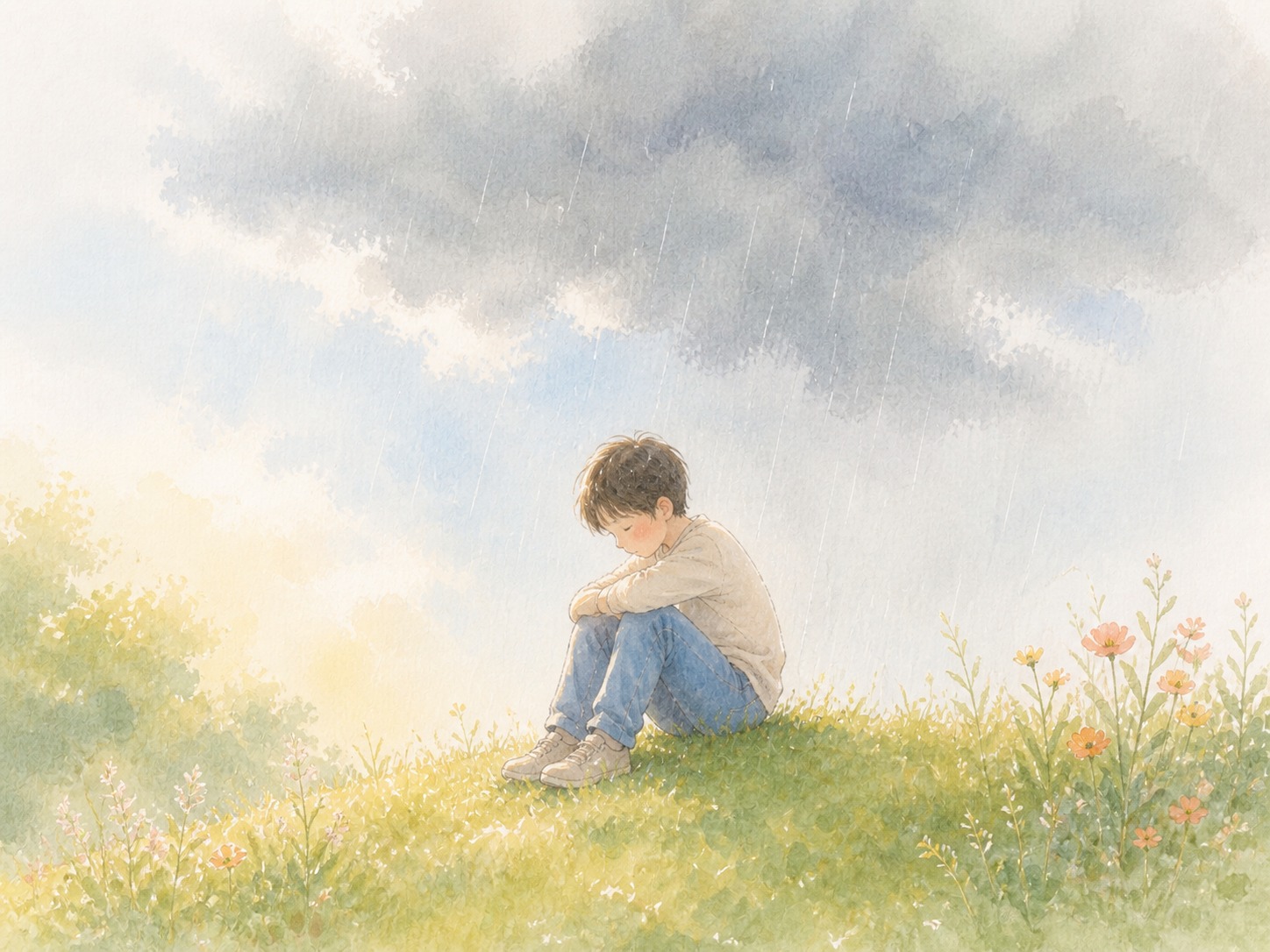 雨雲の下、草の上でひざを抱えてうつむいて座っている子どもの水彩画