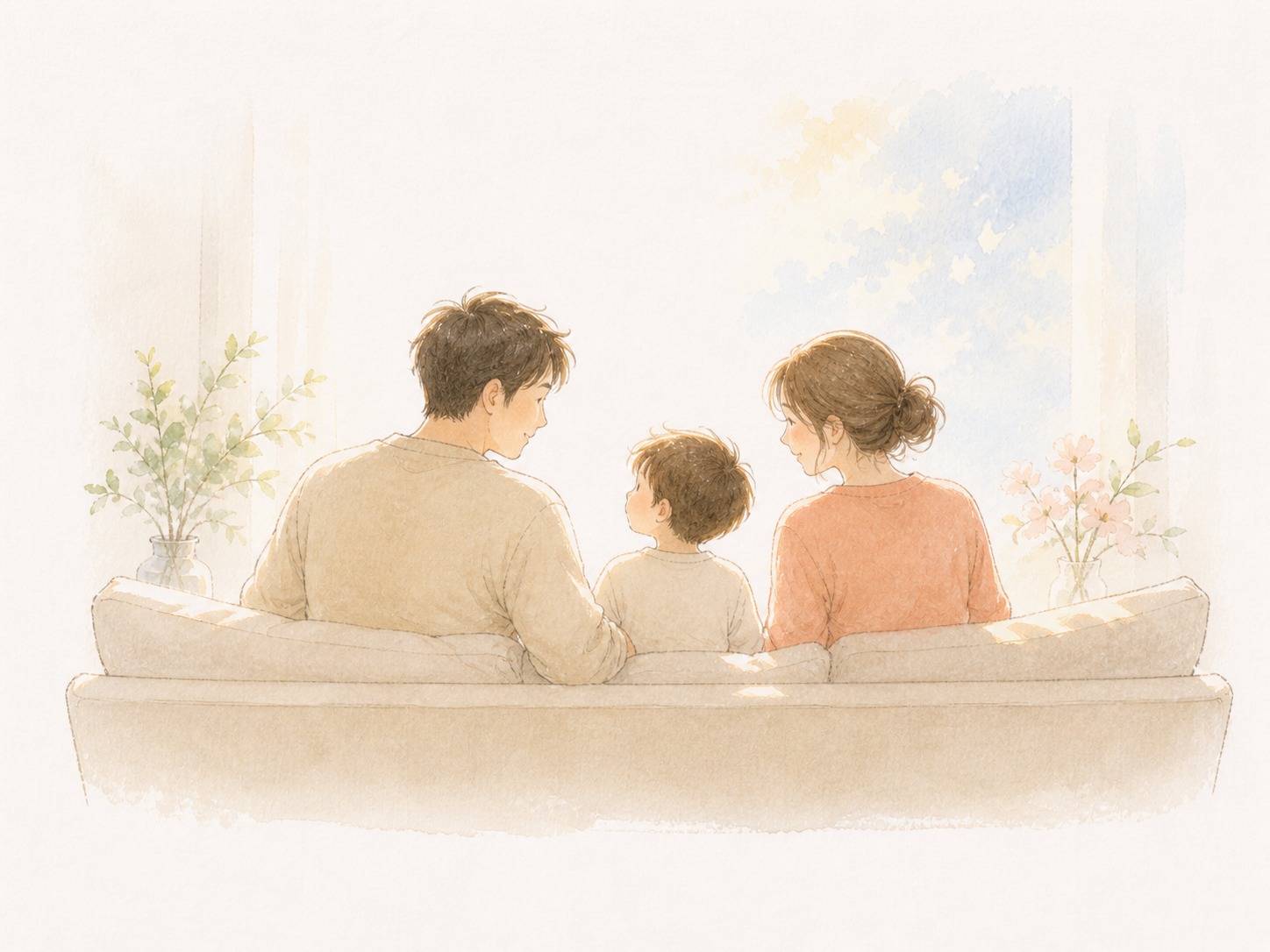 ソファに並んで座り、たがいに顔を向け合う父・子ども・母の後ろ姿の水彩画