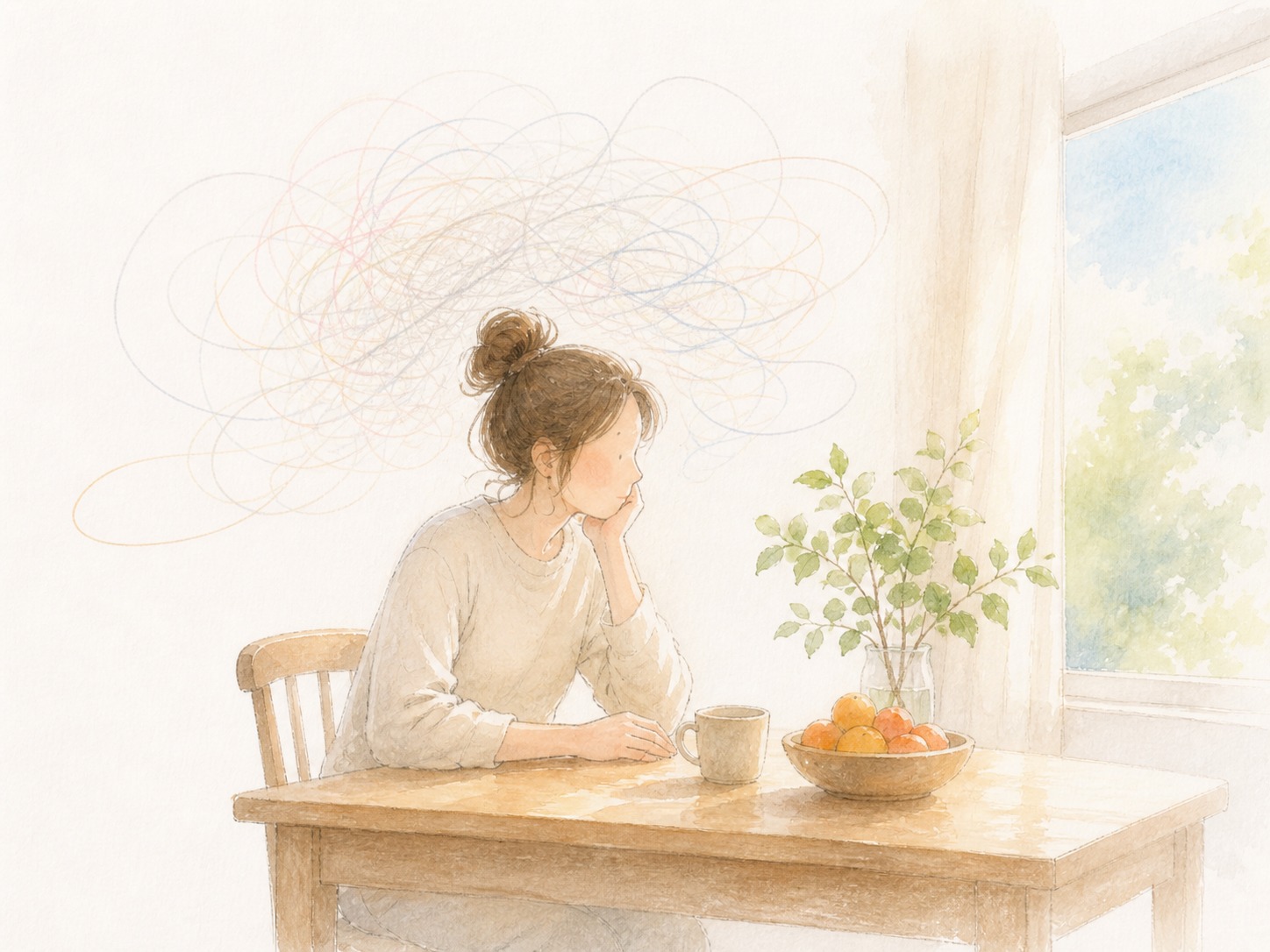 窓辺の食卓で頬づえをつき、頭のまわりに考えごとの線が絡まっている親の水彩画