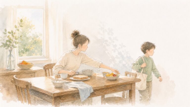 朝の食卓に器を並べる親と、鞄を持って出かけようとする子どもの水彩画