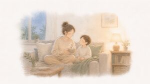 灯りのともる夕方の居間で、湯気の立つ器を持つ親と寄り添う子どもの水彩画