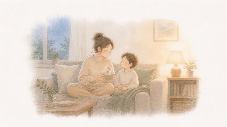 灯りのともる夕方の居間で、湯気の立つ器を持つ親と寄り添う子どもの水彩画