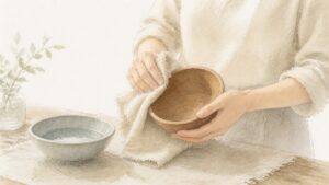 布で器を静かに拭き上げている手元の水彩画