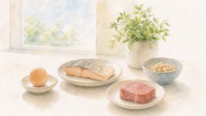 窓辺の卓に、卵・魚・豆・肉を素朴な器に盛って並べた水彩画