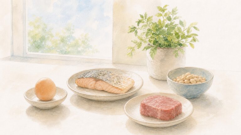 窓辺の卓に、卵・魚・豆・肉を素朴な器に盛って並べた水彩画