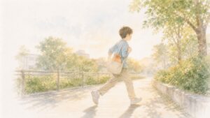 夕方の並木道を、鞄に小さな包みを入れて歩く子どもの水彩画