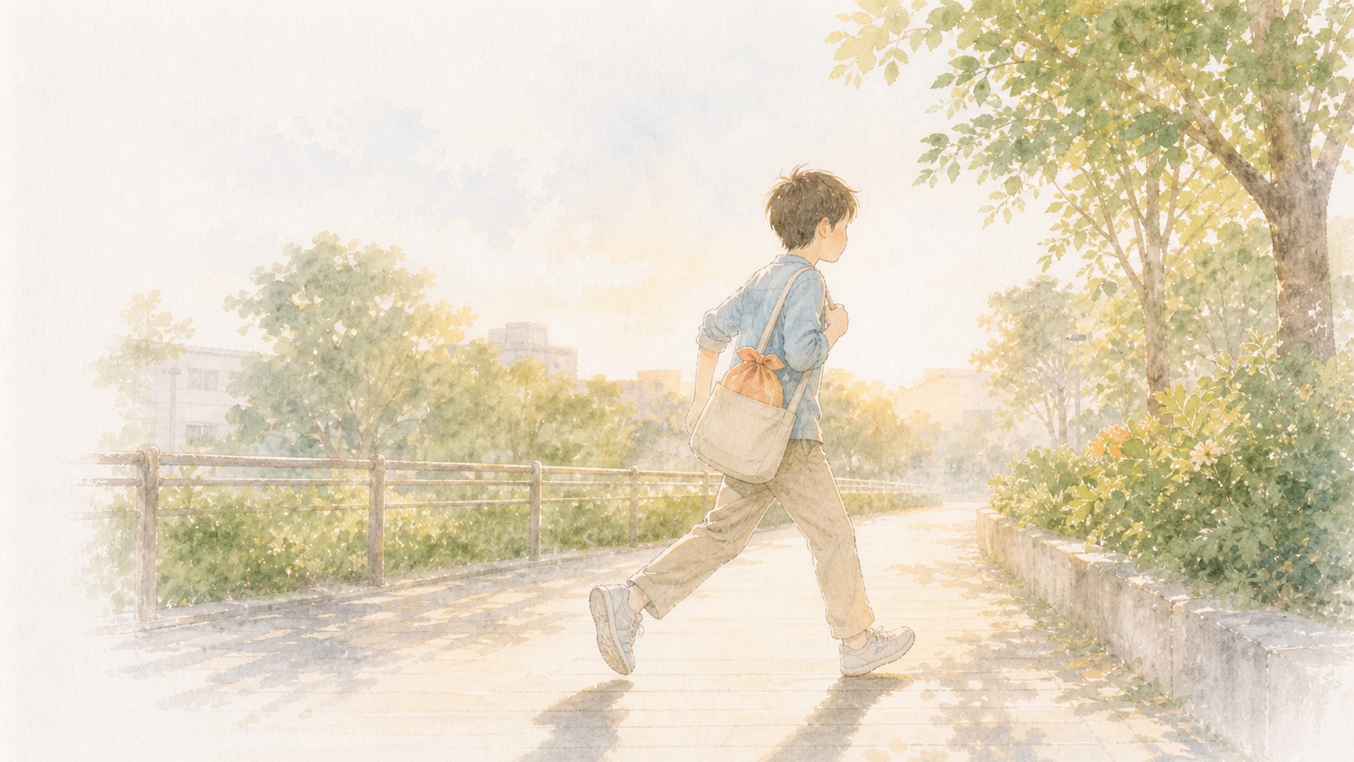 夕方の並木道を、鞄に小さな包みを入れて歩く子どもの水彩画