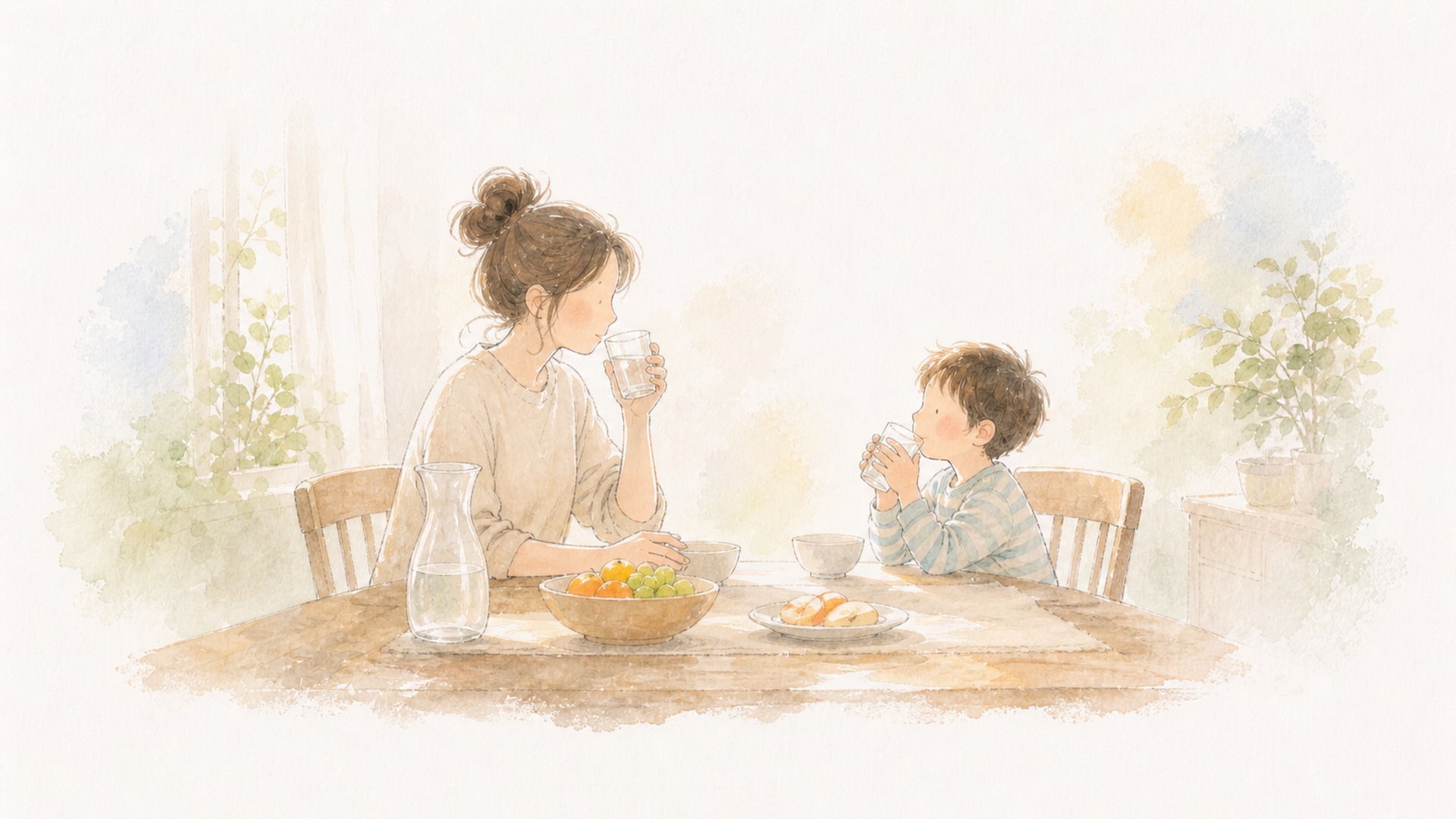 朝の食卓で、親子がそれぞれコップの水を飲んでいる水彩画