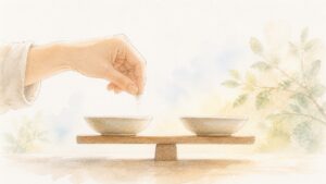 水平に釣り合った天秤の皿へ、ごく少量を指先から落としている水彩画