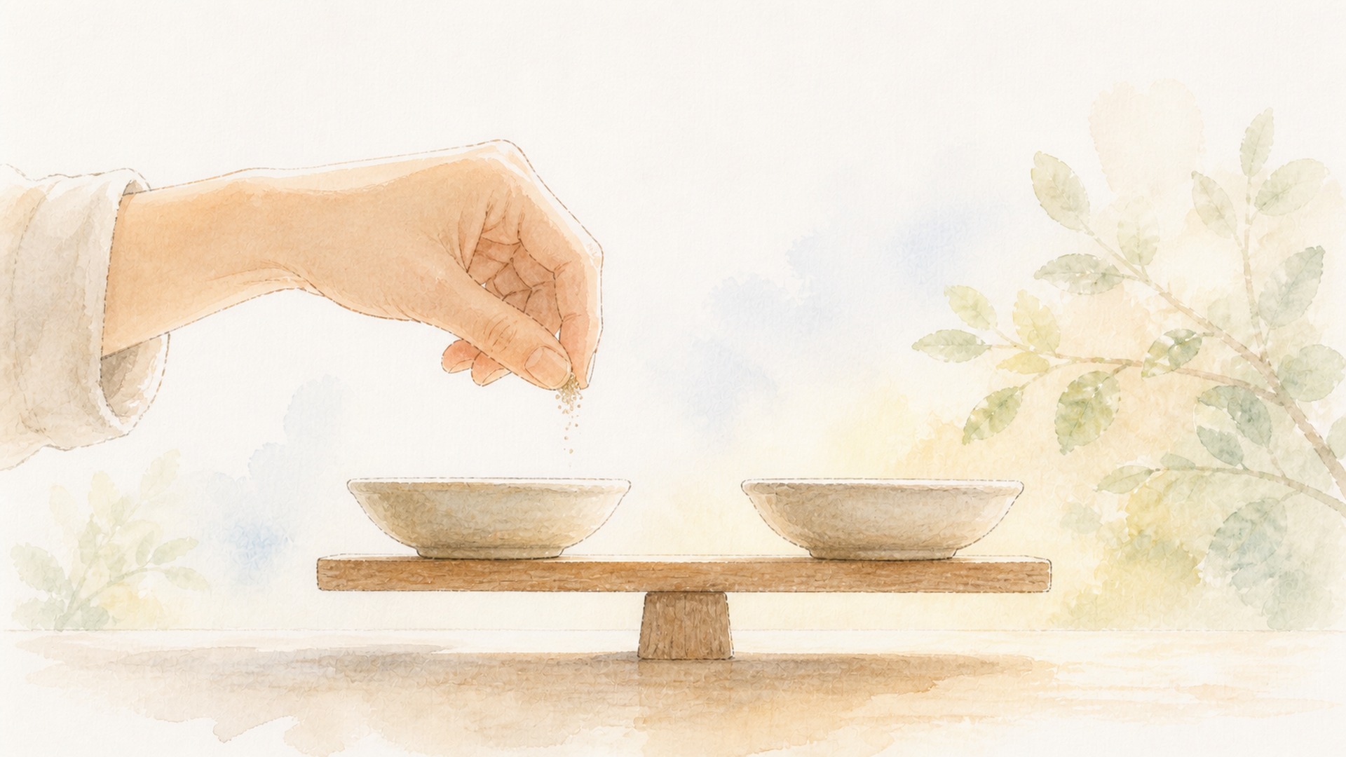 水平に釣り合った天秤の皿へ、ごく少量を指先から落としている水彩画