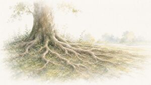 大地に広く根を張った大樹の根元を描いた水彩画