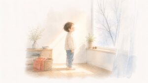 冬の窓から差し込む日ざしの中に立ち、光を見上げる子どもの水彩画