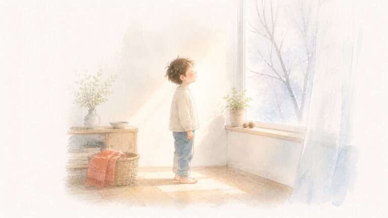 冬の窓から差し込む日ざしの中に立ち、光を見上げる子どもの水彩画