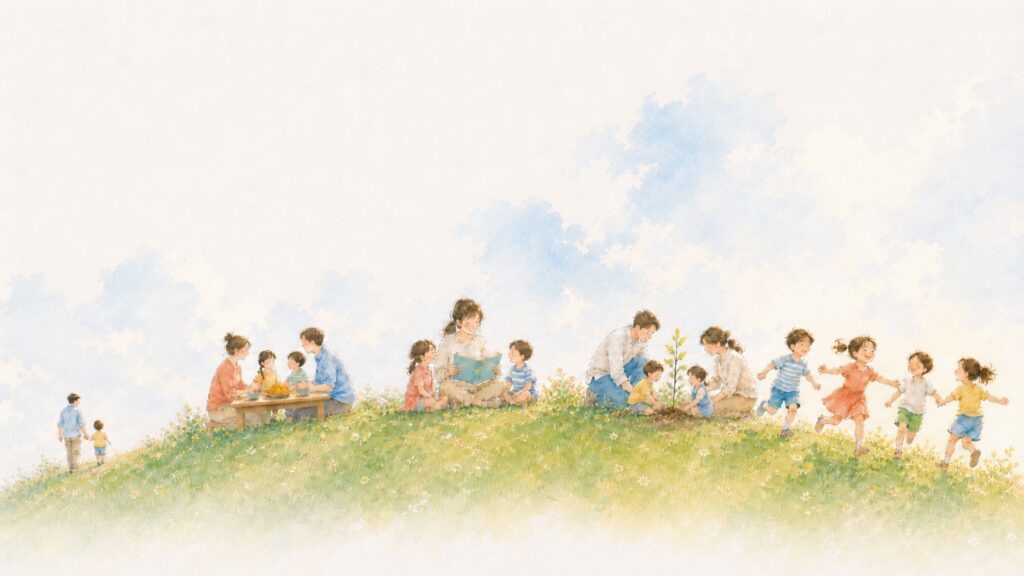丘の上で、歩く親子・食卓を囲む家族・読み聞かせ・苗を植える親子・走る子どもたちが左から右へ増えていく水彩画