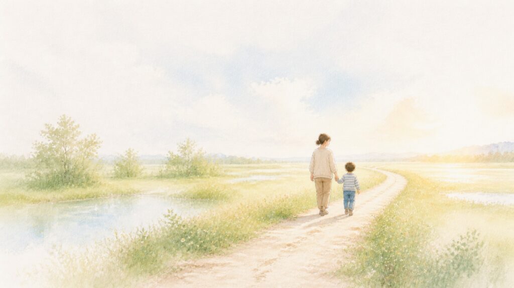 朝の光が差す野原の一本道を、手をつないで歩いていく親子の後ろ姿の水彩画