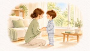 朝の窓辺で、母がパジャマ姿の子の目線までしゃがみ、両手を握って笑顔で見つめ合っている