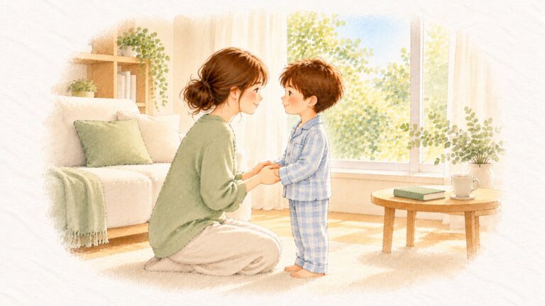 朝の窓辺で、母がパジャマ姿の子の目線までしゃがみ、両手を握って笑顔で見つめ合っている