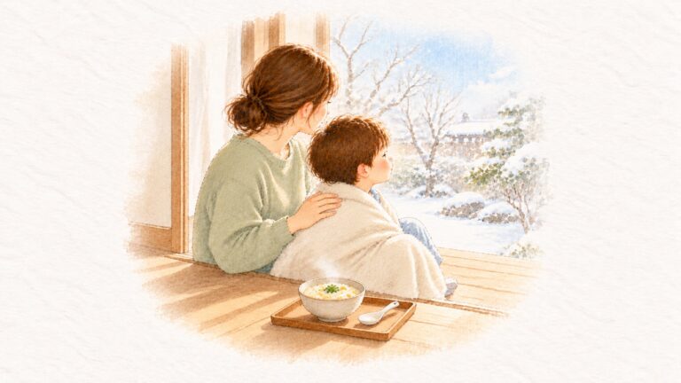 冬の晴れた午後、毛布をはおった子どもが母と並んで縁側に座り、外の空気を吸っている。手前に湯気の立つ卵の雑炊。水彩のイラスト