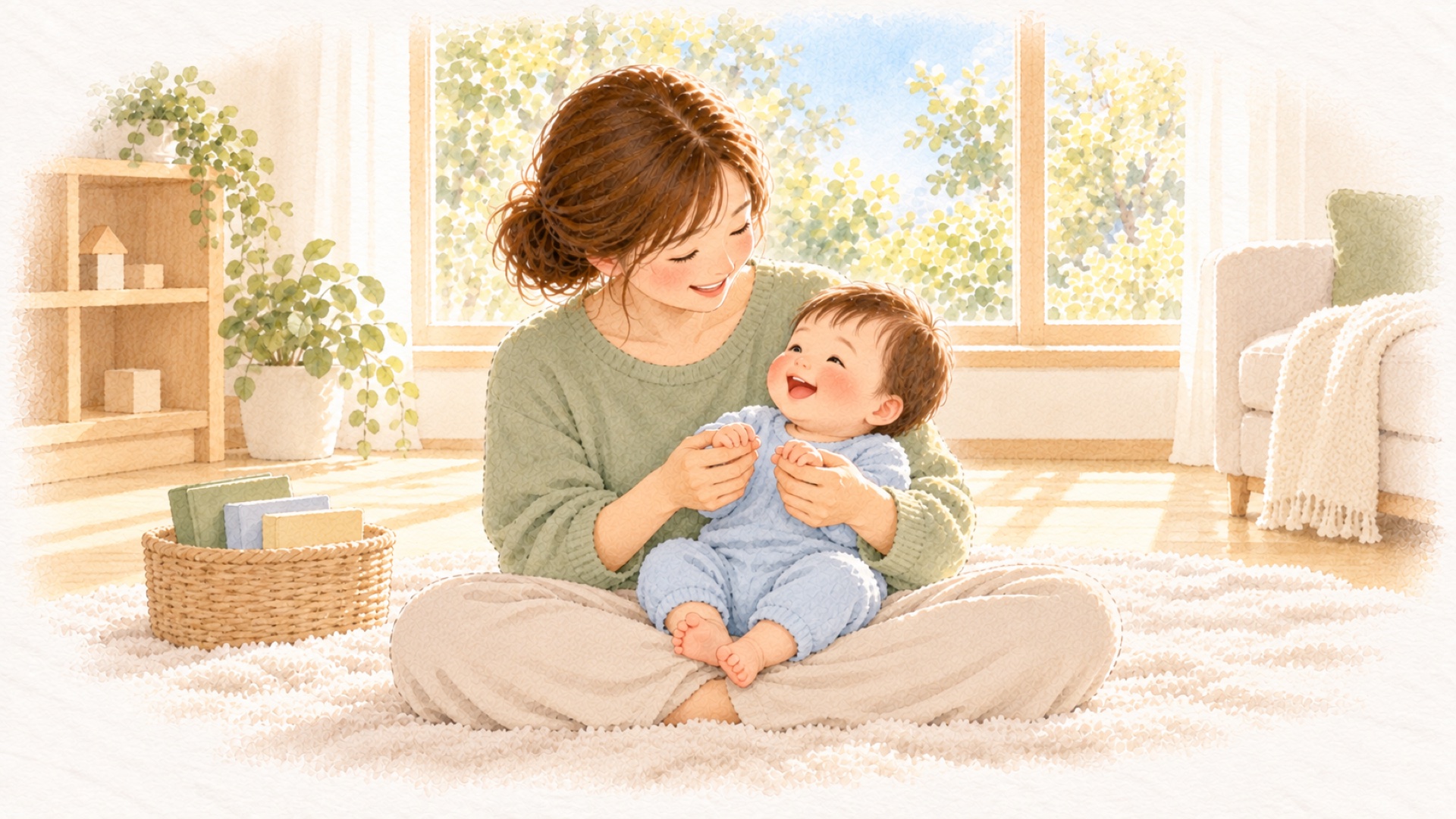 ひざの上の赤ちゃんの両手を包んで、手遊び歌をするお母さん