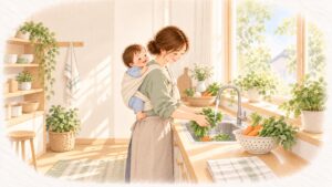 布でおんぶをしながら台所に立つお母さんと、肩越しに笑う赤ちゃん