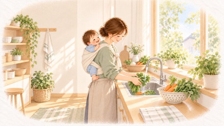 布でおんぶをしながら台所に立つお母さんと、肩越しに笑う赤ちゃん