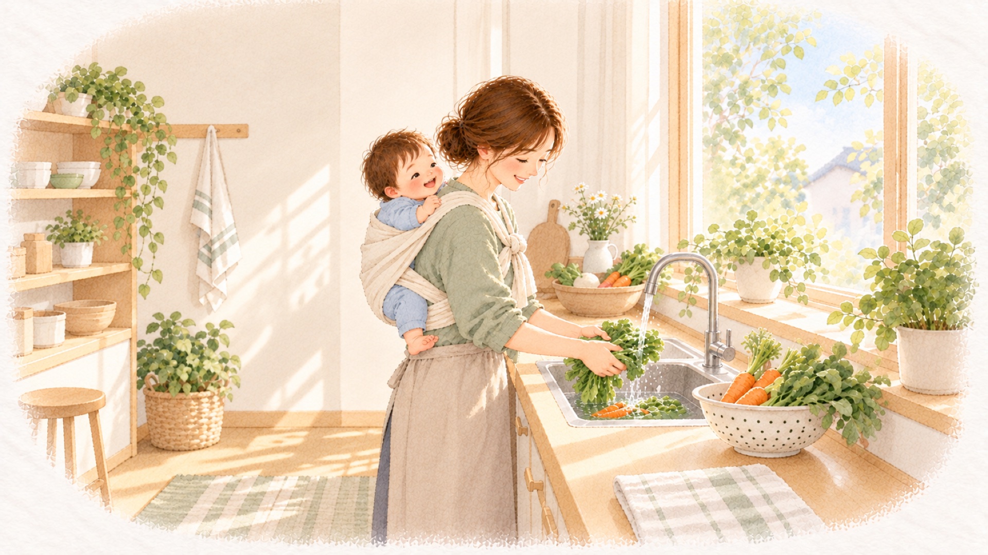 布でおんぶをしながら台所に立つお母さんと、肩越しに笑う赤ちゃん