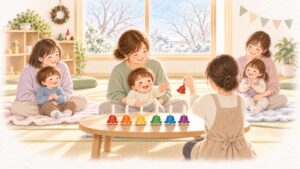 12月の親子ひろばのベビーマッサージ教室で、講師が鳴らすカラフルな卓上ベルに、子どもたちが目をきらきらさせている水彩のイラスト