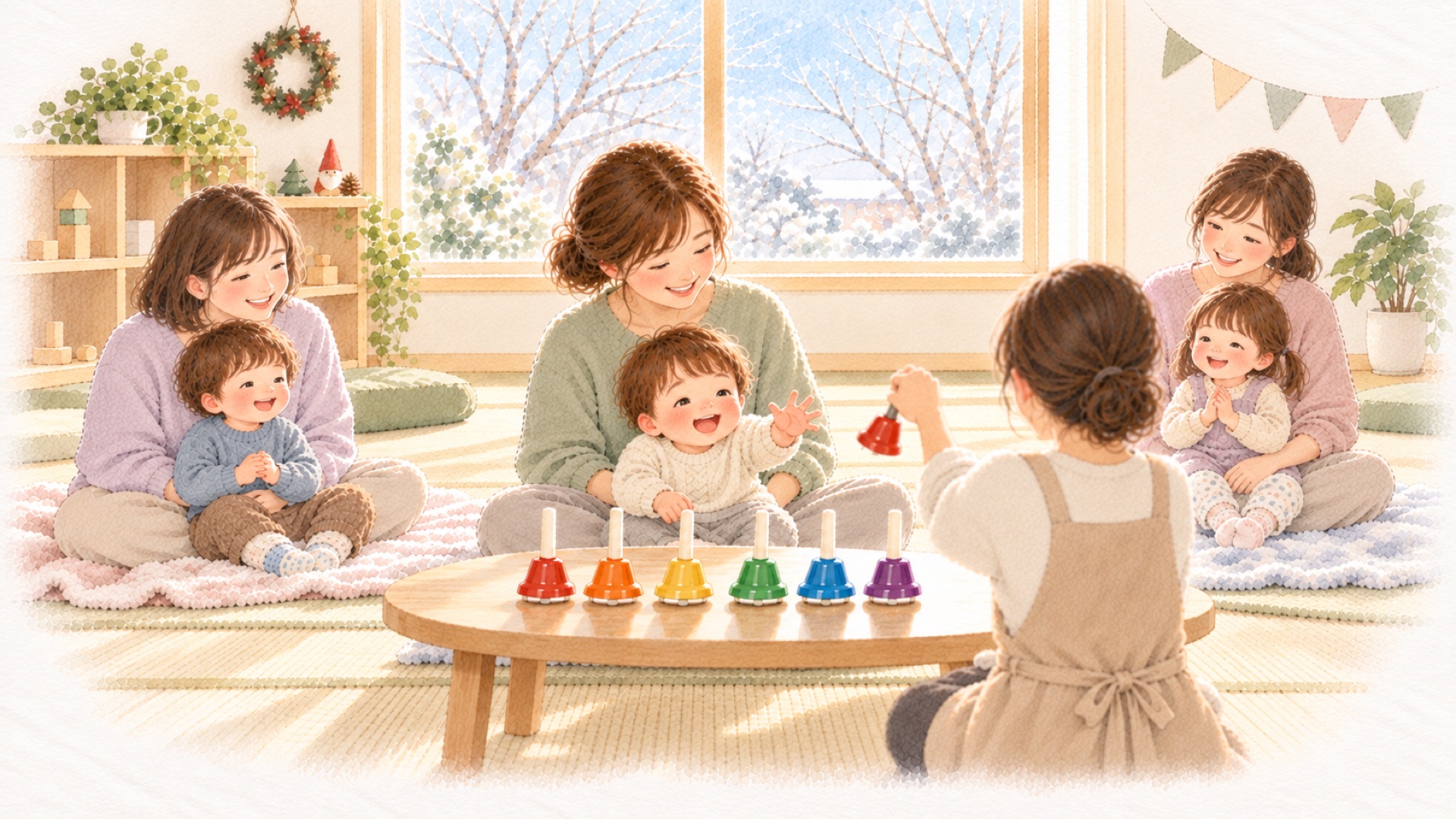 12月の親子ひろばのベビーマッサージ教室で、講師が鳴らすカラフルな卓上ベルに、子どもたちが目をきらきらさせている水彩のイラスト